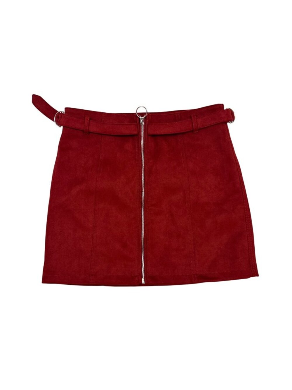 Women’s Burgundy Faux Suede Mini Skirt | O-Ring Zip Front | Size L